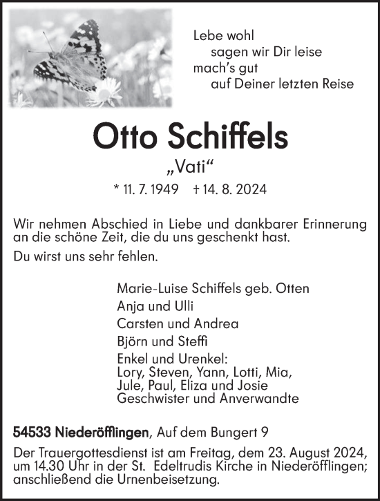 Traueranzeige von Otto Schiffels von trierischer_volksfreund