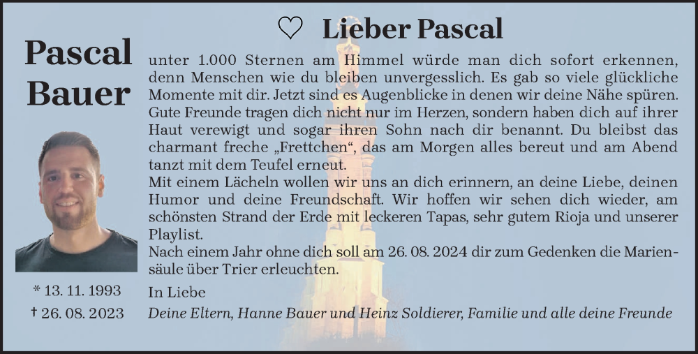  Traueranzeige für Pascal Bauer vom 24.08.2024 aus trierischer_volksfreund