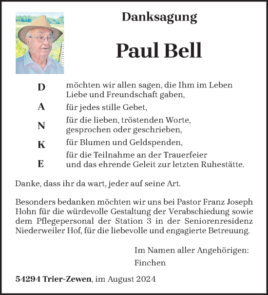 Traueranzeige von Paul Bell von trierischer_volksfreund