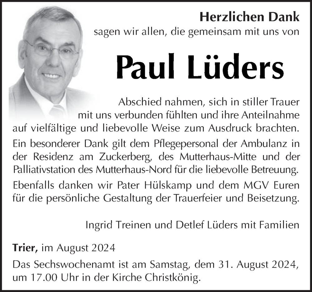  Traueranzeige für Paul Lüders vom 24.08.2024 aus trierischer_volksfreund