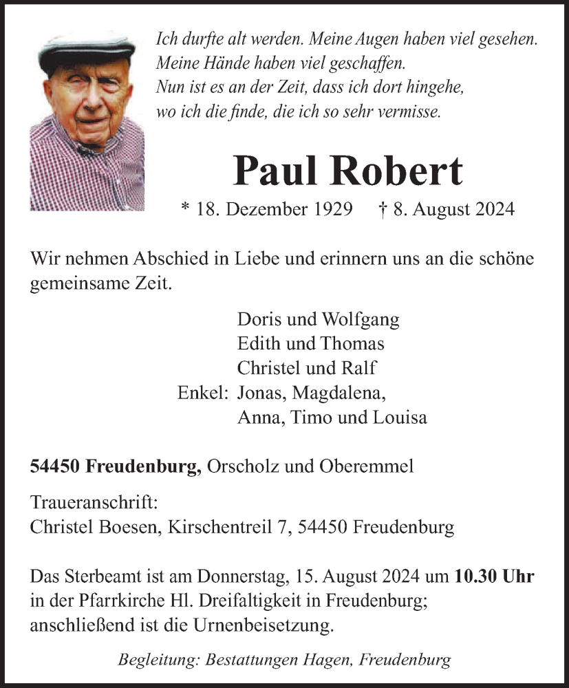  Traueranzeige für Paul Robert vom 10.08.2024 aus trierischer_volksfreund
