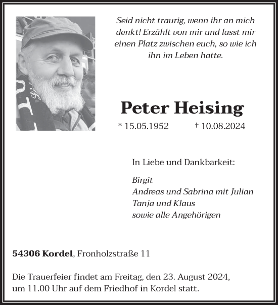 Traueranzeige von Peter Heising von trierischer_volksfreund