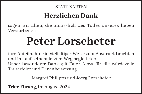 Traueranzeige von Peter Lorscheter von trierischer_volksfreund