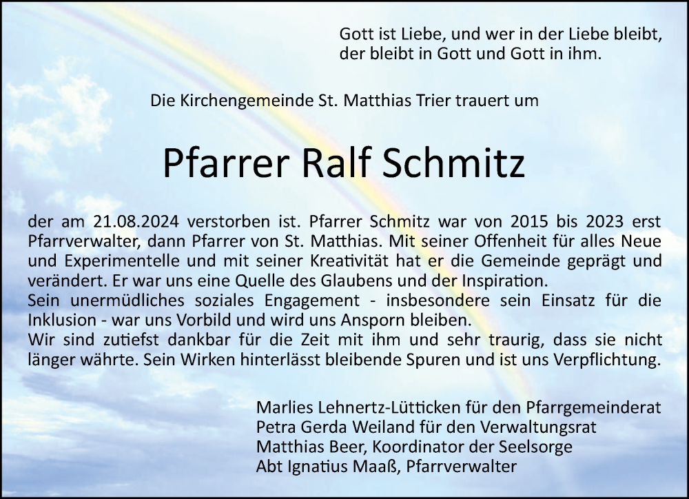  Traueranzeige für Ralf Schmitz vom 27.08.2024 aus trierischer_volksfreund