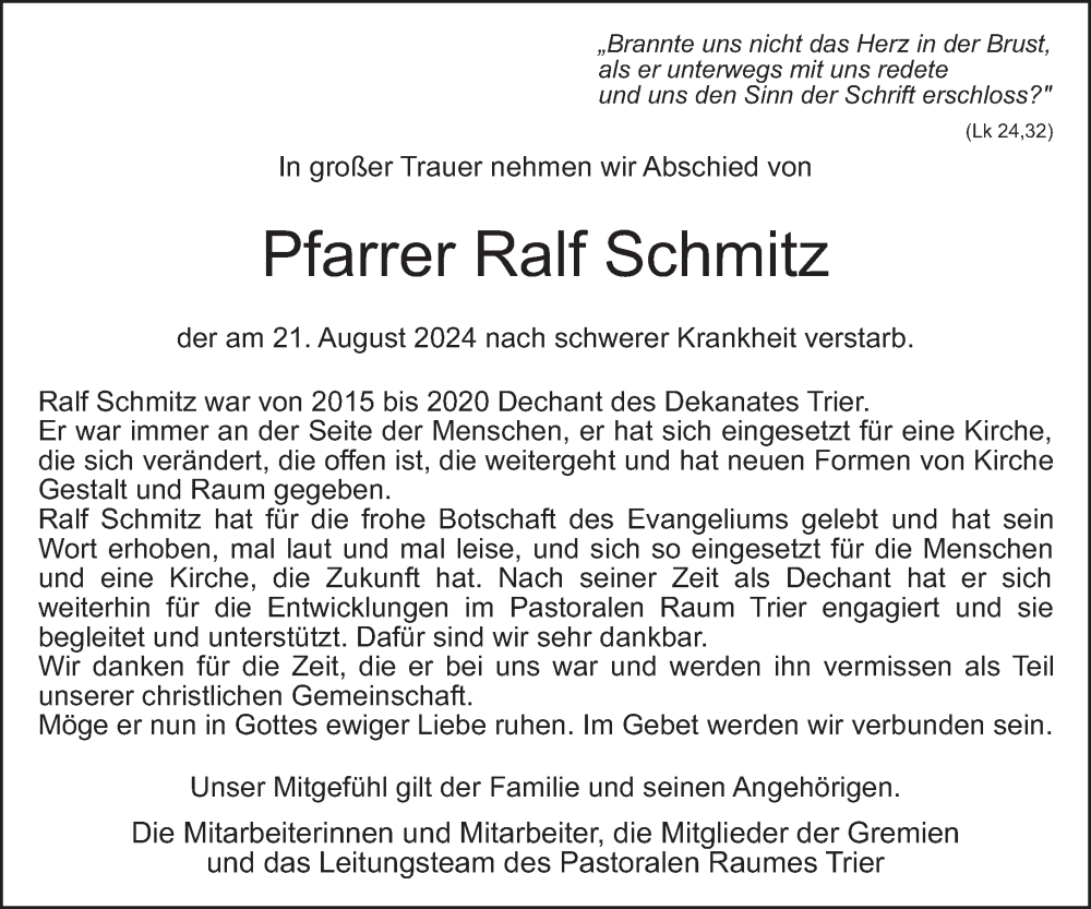  Traueranzeige für Ralf Schmitz vom 27.08.2024 aus trierischer_volksfreund