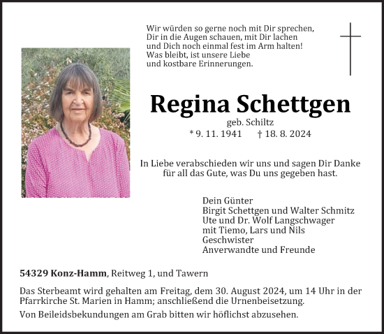 Traueranzeige von Regina Schettgen von trierischer_volksfreund