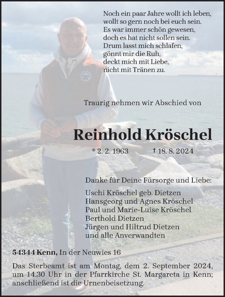  Traueranzeige für Reinhold Kröschel vom 28.08.2024 aus trierischer_volksfreund