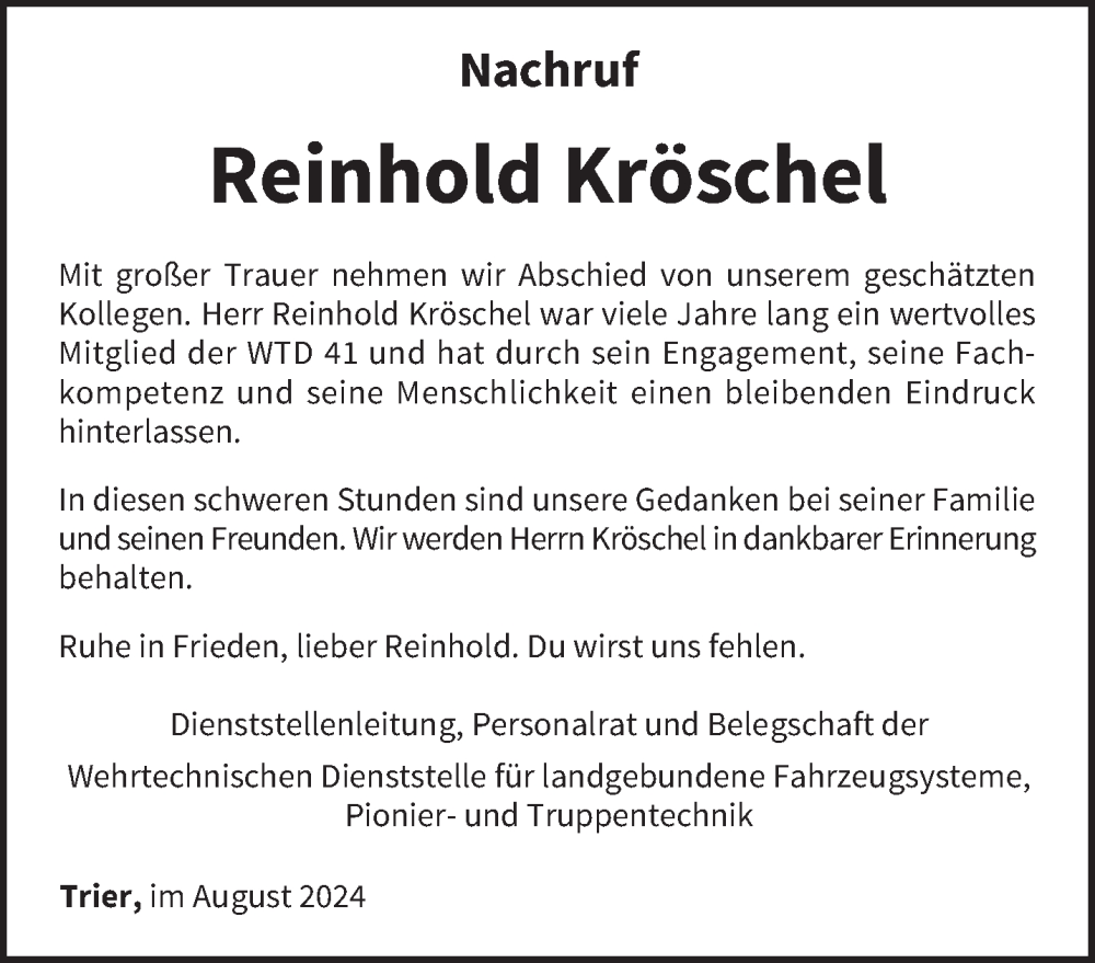  Traueranzeige für Reinhold Kröschel vom 28.08.2024 aus trierischer_volksfreund