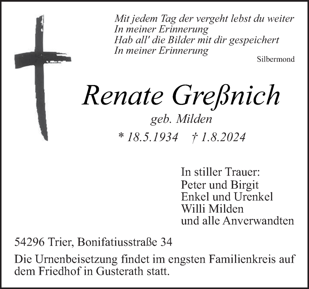  Traueranzeige für Renate Greßnich vom 06.08.2024 aus trierischer_volksfreund