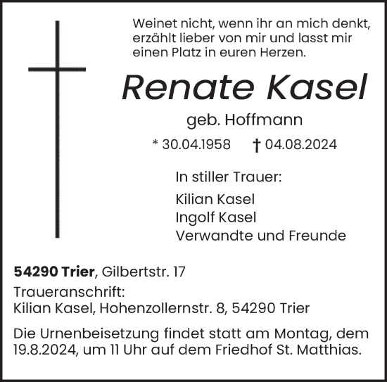 Traueranzeige von Renate Kasel von trierischer_volksfreund