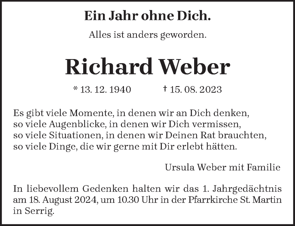  Traueranzeige für Richard Weber vom 14.08.2024 aus trierischer_volksfreund