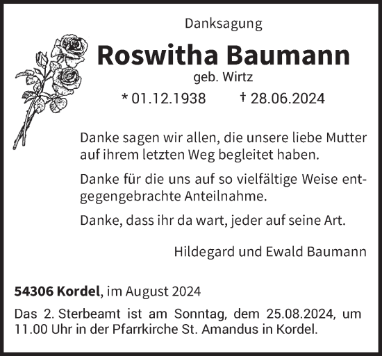 Traueranzeige von Roswitha Baumann von trierischer_volksfreund