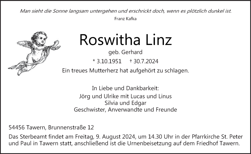  Traueranzeige für Roswitha Linz vom 03.08.2024 aus trierischer_volksfreund