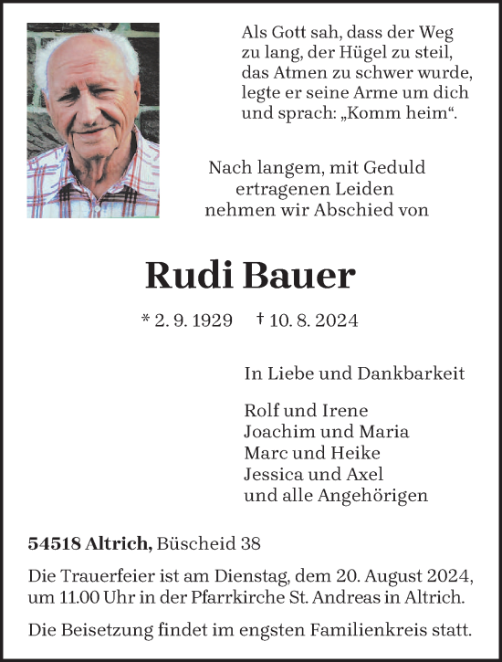 Traueranzeige von Rudi Bauer von trierischer_volksfreund