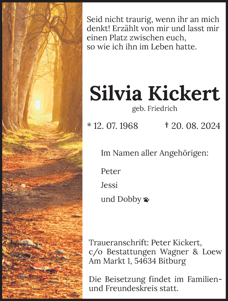  Traueranzeige für Silvia Kickert vom 31.08.2024 aus trierischer_volksfreund