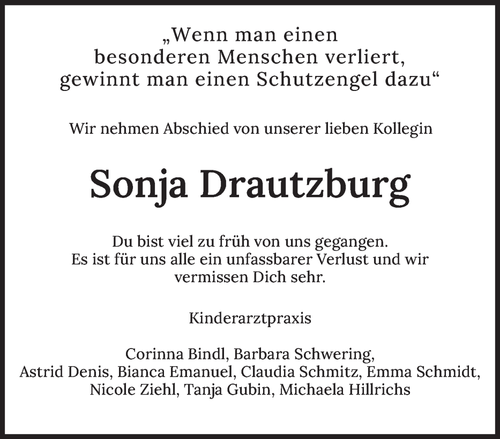  Traueranzeige für Sonja Drautzburg vom 31.08.2024 aus trierischer_volksfreund