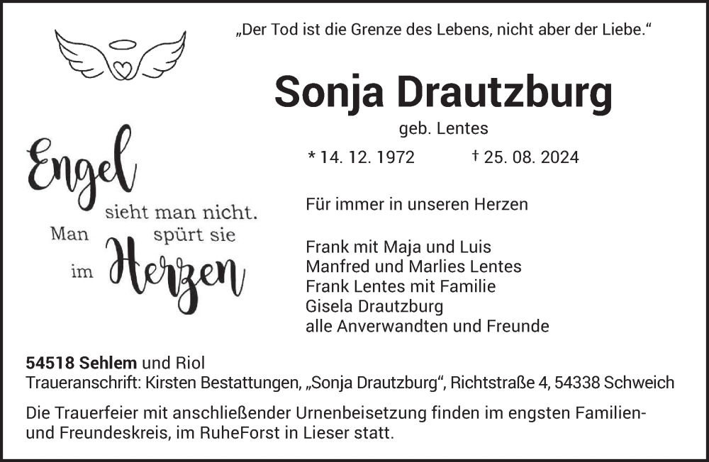  Traueranzeige für Sonja Drautzburg vom 31.08.2024 aus trierischer_volksfreund