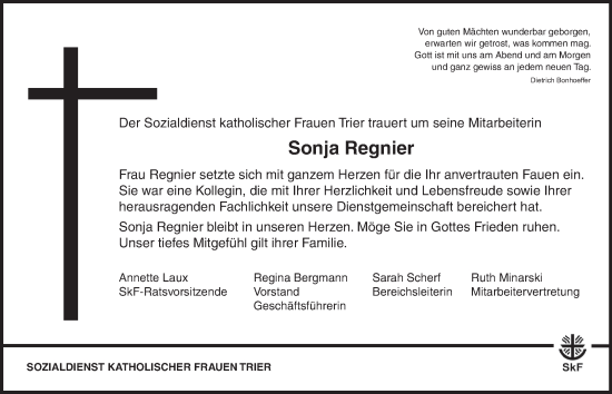 Traueranzeige von Sonja Regnier von trierischer_volksfreund