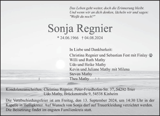 Traueranzeige von Sonja Regnier von trierischer_volksfreund