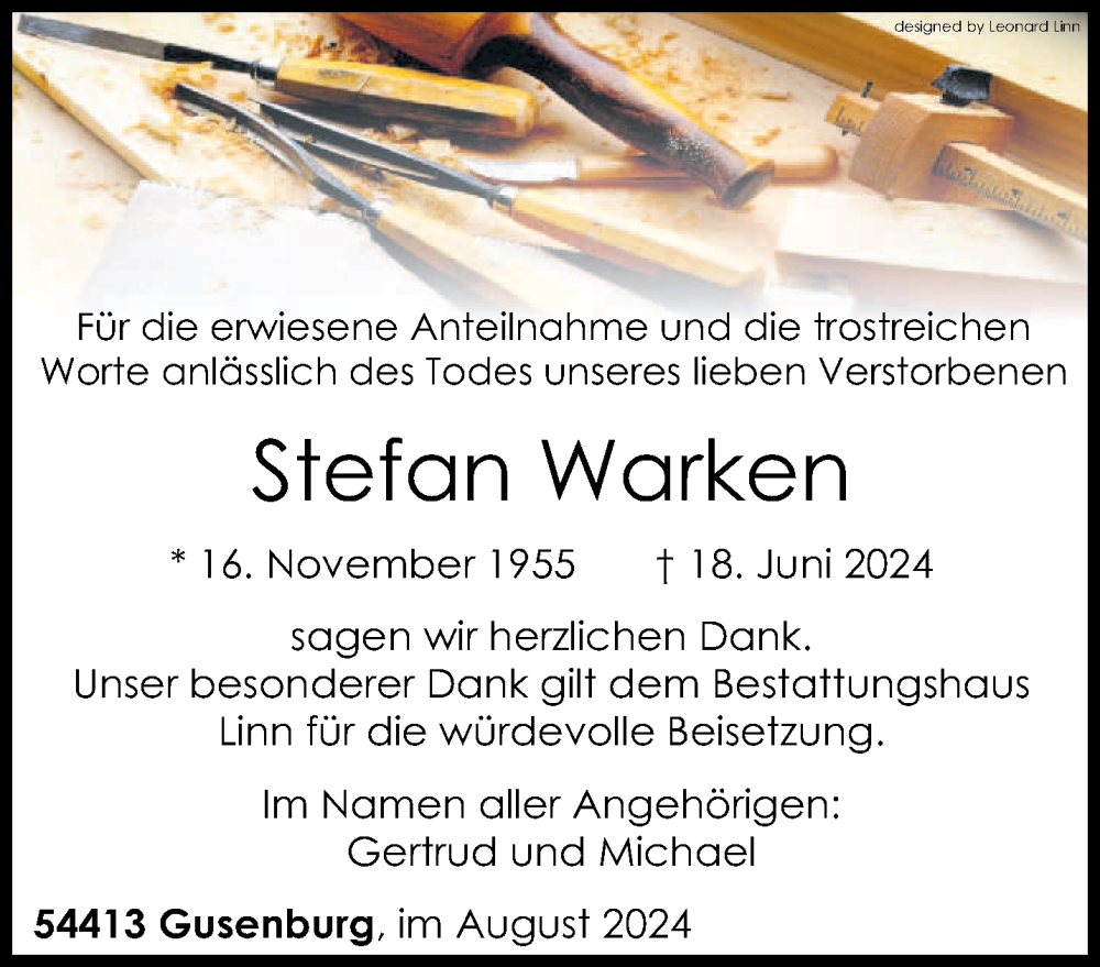 Traueranzeige für Stefan Warken vom 17.08.2024 aus trierischer_volksfreund