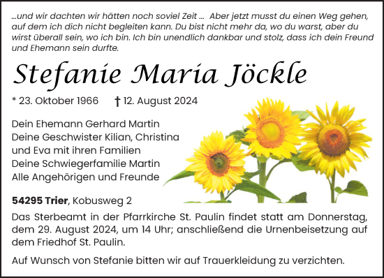 Traueranzeige von Stefanie Maria Jöckle von trierischer_volksfreund