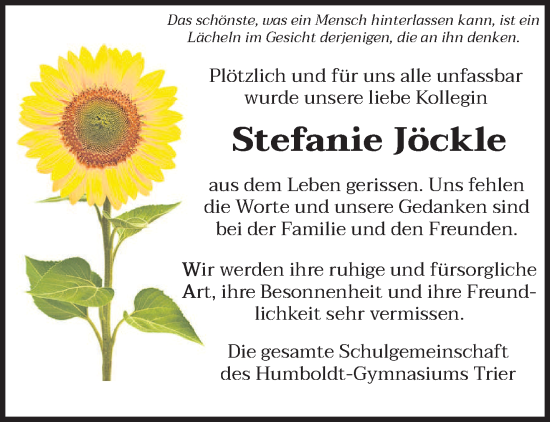 Traueranzeige von Stefanie Maria Jöckle von trierischer_volksfreund