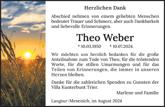 Traueranzeige von Theo Weber von trierischer_volksfreund