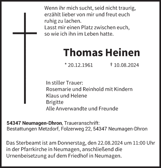 Traueranzeige von Thomas Heinen von trierischer_volksfreund