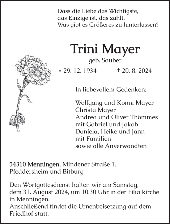 Traueranzeige von Trini Mayer von trierischer_volksfreund