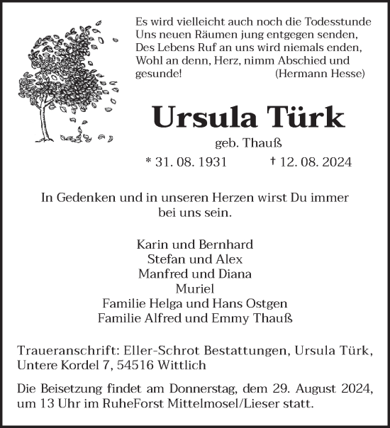 Traueranzeige von Ursula Türk von trierischer_volksfreund