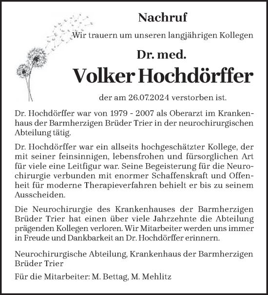 Traueranzeige von Volker Hochdörffer von trierischer_volksfreund