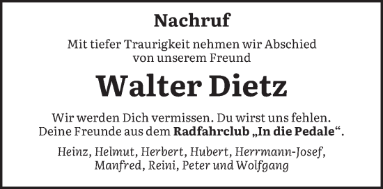 Traueranzeige von Walter Dietz von trierischer_volksfreund