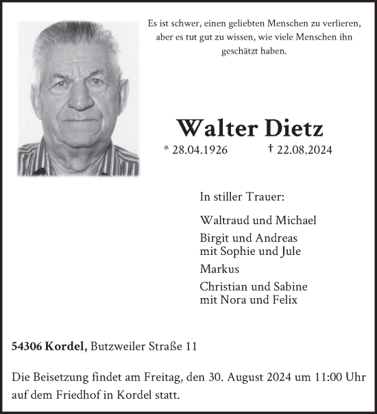 Traueranzeige von Walter Dietz von trierischer_volksfreund