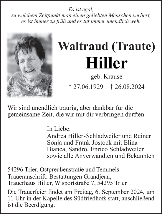 Traueranzeige von Waltraud Hiller von trierischer_volksfreund