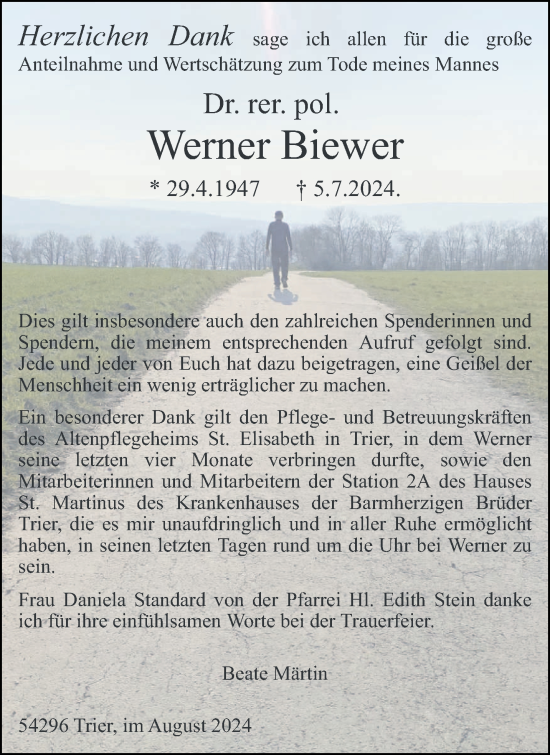 Traueranzeige von Werner Biewer von trierischer_volksfreund