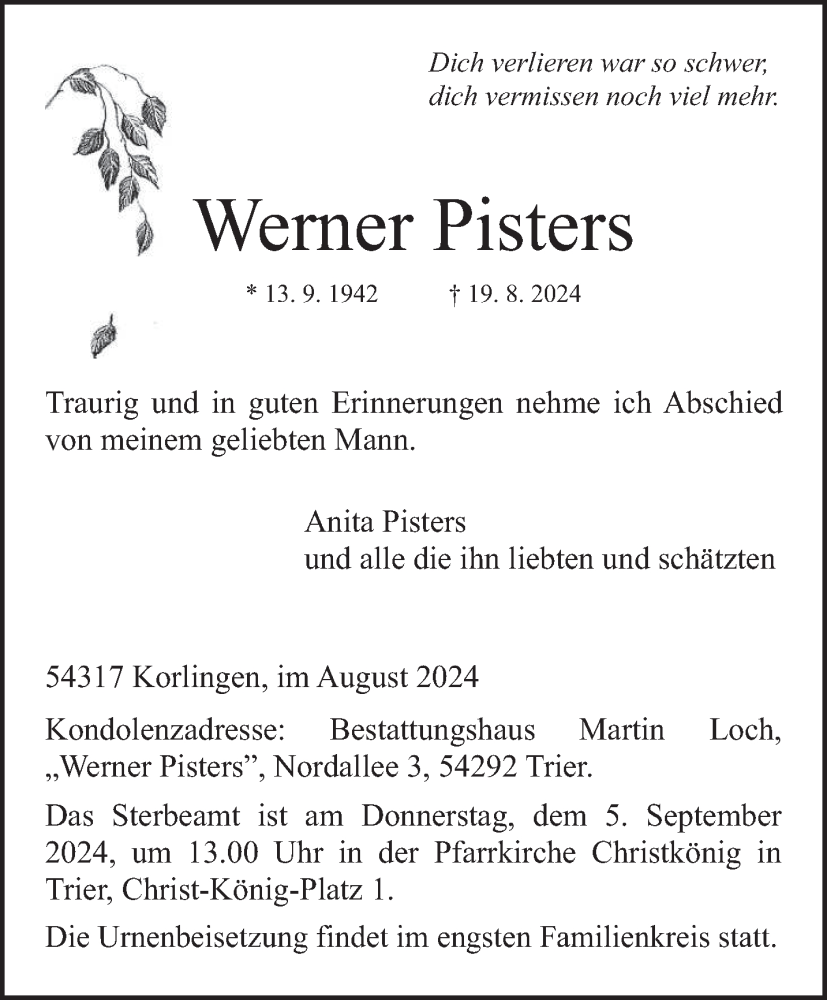  Traueranzeige für Werner Pisters vom 31.08.2024 aus trierischer_volksfreund