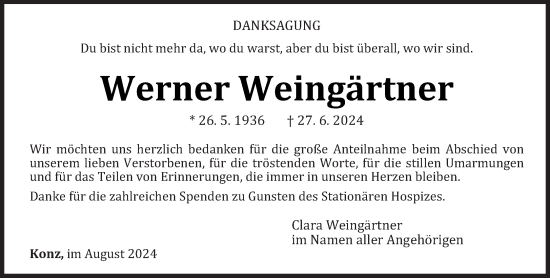 Traueranzeige von Werner Weingärtner von trierischer_volksfreund