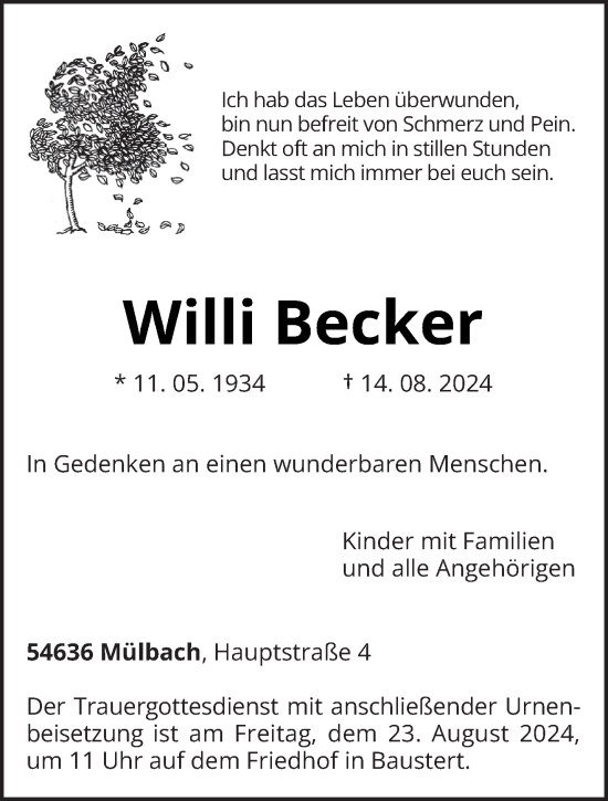 Traueranzeige von Willi Becker von trierischer_volksfreund