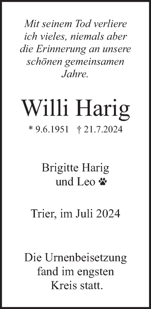 Traueranzeige von Willi Harig von trierischer_volksfreund