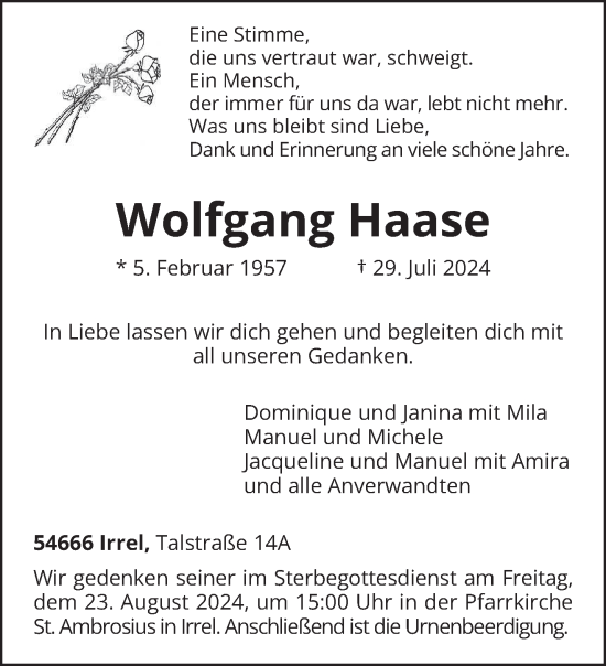 Traueranzeige von Wolfgang Haase von trierischer_volksfreund