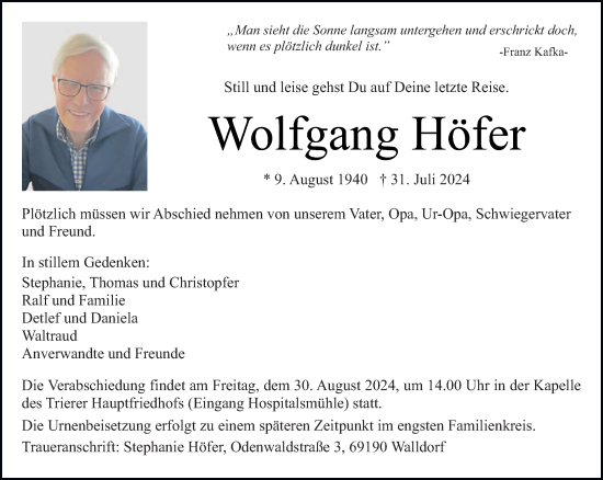 Traueranzeige von Wolfgang Höfer von trierischer_volksfreund