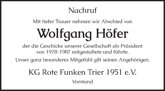 Traueranzeige von Wolfgang Höfer von trierischer_volksfreund