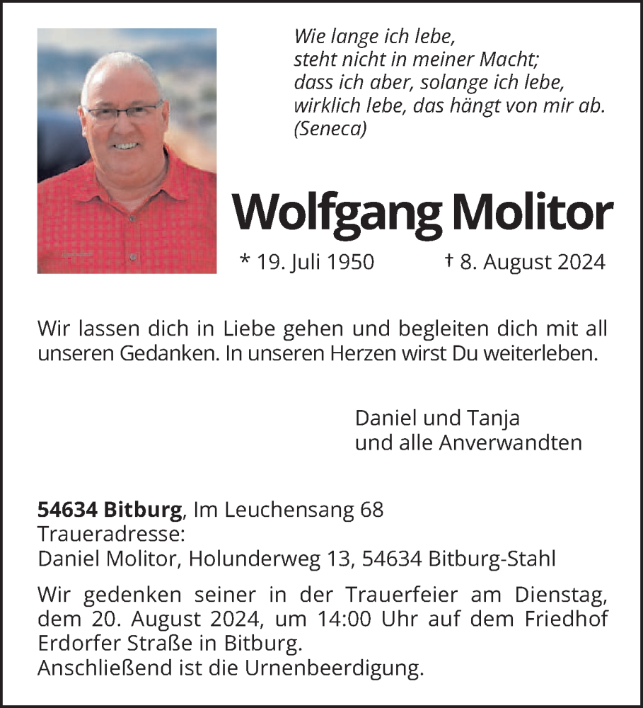  Traueranzeige für Wolfgang Molitor vom 14.08.2024 aus trierischer_volksfreund