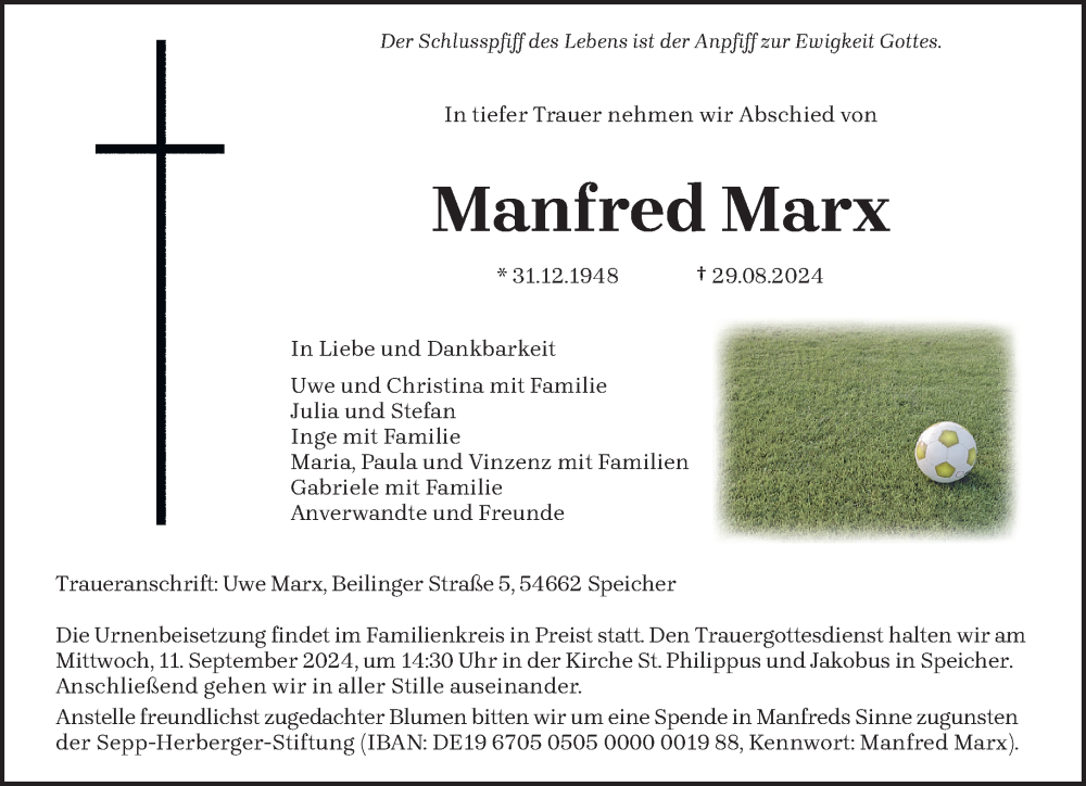  Traueranzeige für Manfred Marx vom 07.09.2024 aus trierischer_volksfreund