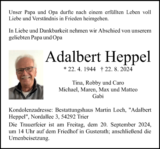 Traueranzeige von Adalbert Heppel von trierischer_volksfreund