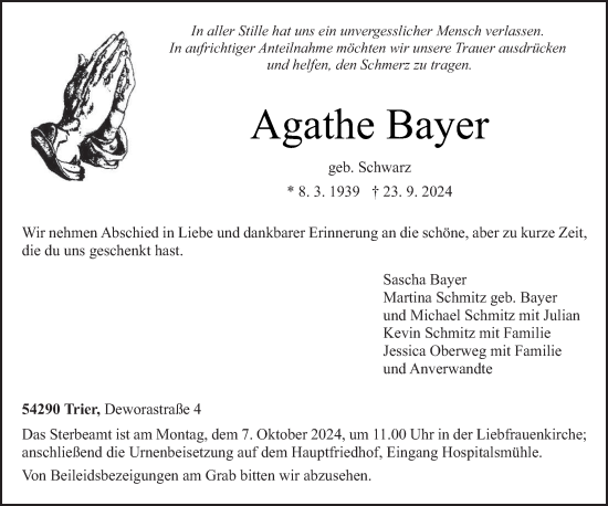 Traueranzeige von Agathe Bayer von trierischer_volksfreund