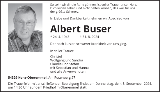 Traueranzeige von Albert Buser von trierischer_volksfreund