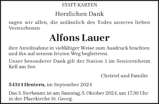 Traueranzeige von Alfons Lauer von trierischer_volksfreund