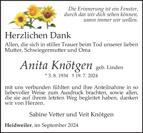 Traueranzeige von Anita Knötgen von trierischer_volksfreund