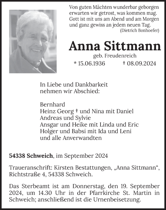 Traueranzeige von Anna Sittmann von trierischer_volksfreund